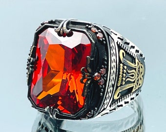 Ottoman Mens Ruby Ring in 925 Sterling Silver with Rectangle Faceted Cut Stone and Bronze Heraldic Crest