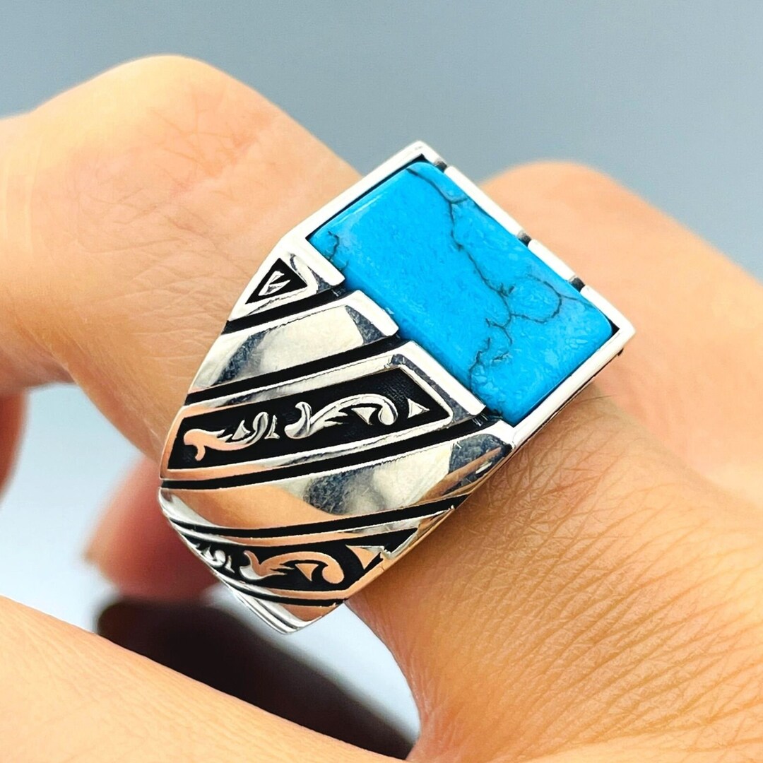 Handmade Turquoise Stone Men's Ring: Ottoman 925 Sterling Silver - Etsy