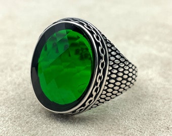 Mens Green Cubic Zirconia Ring: Handmade 925 Ottoman Silver