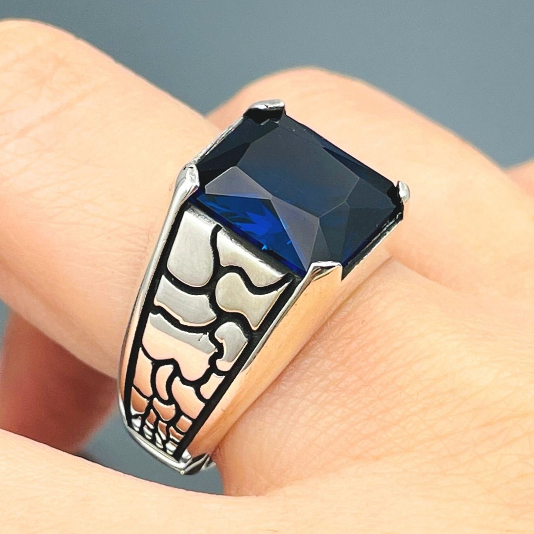 Sapphire Stone Mens Ring, Square Stone Minimalist Silver Ring, Blue