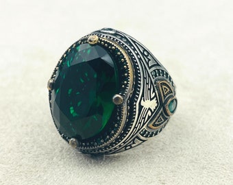 PYTALI Sterling Silver Emerald Ring For Men - S925 Oxidized Handmade Custom Name Ring Size 4-16