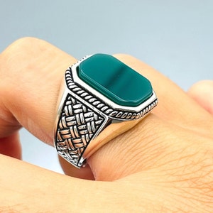 Men&#39;s Green Agate Stone Handmade Silver Ring, Patterned Design Green Agate Ring, Mens Handmade Jewelry, Modern Silver Design, Gift for Him