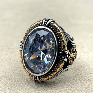 Mens White Zircon Stone Silver Ring, Double Headed Eagle Ring, Turkish Handmade Silver Ring, 925 Sterling Silver,Silver Jewelry,Gift Hor Him
