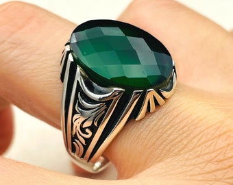 Green Zircon Sterling Silver Mens Ring: Handmade Ottoman Style Jewelry