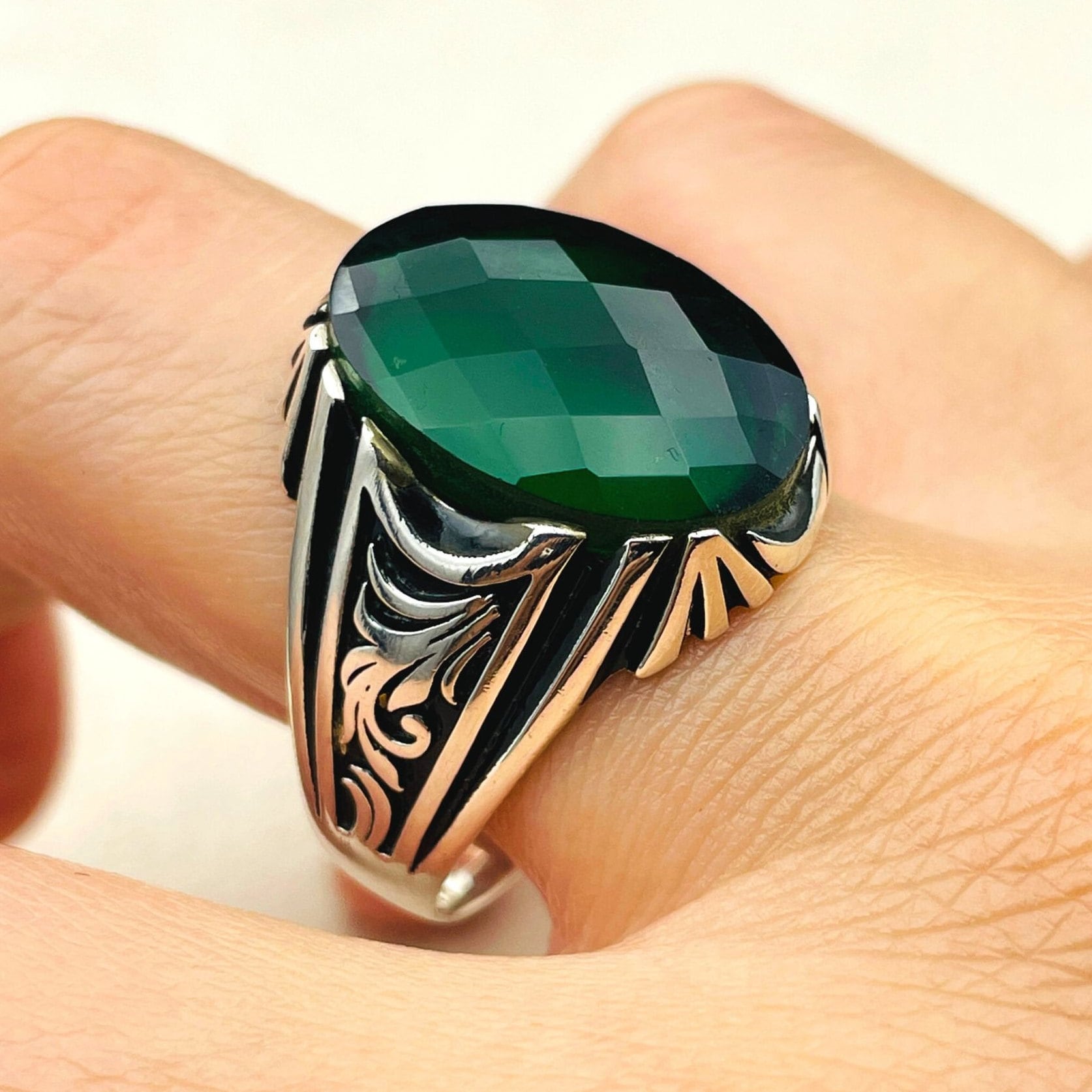 Green Zircon Sterling Silver Mens Ring: Handmade Ottoman Style