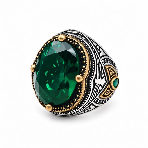 Men's Emerald Ring, 925 Sterling Silver, Large Oval Green Stone