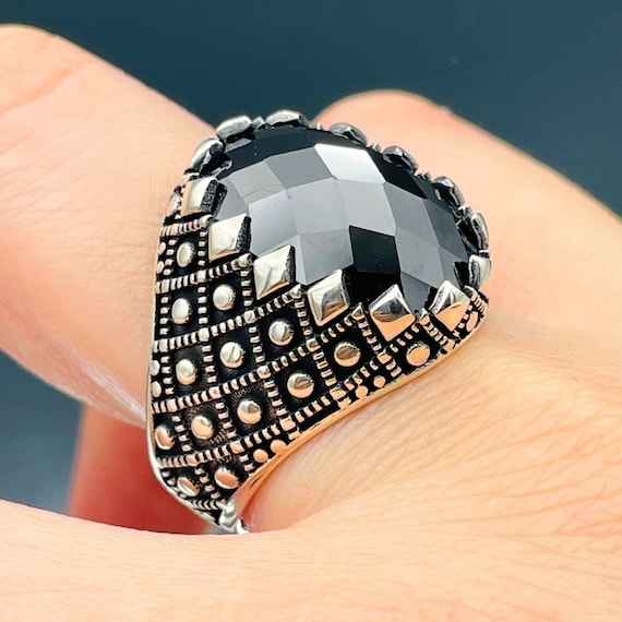 Bague Argent 925 Pierre Noire Zircon Ovale - Taille 11 Homme Faite Main Turquie