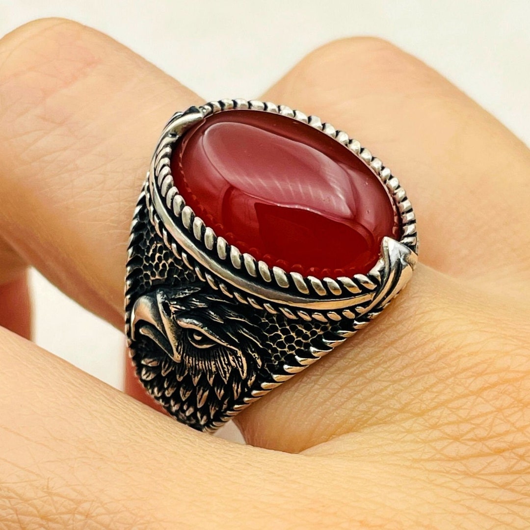 Mens Red Agate Eagle Ring: Handmade 925 Sterling Silver Turkish