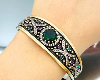 Emerald Stone Cuff Bracelet: 925 Sterling Silver Ottoman Design