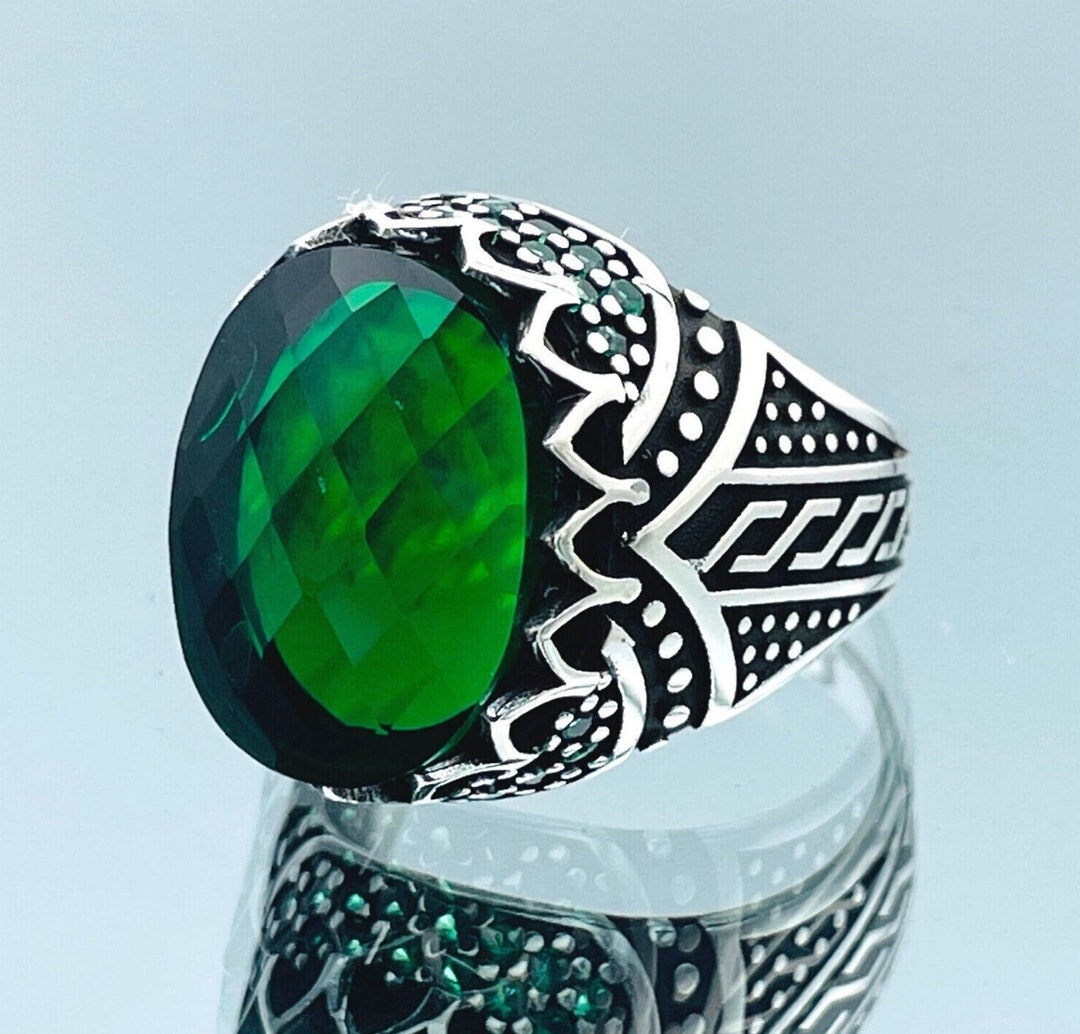 メンズエメラルドリング：ハンドメイド925スターリングシルバー