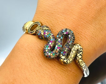 Snake Model Mixed Color Stone Silver Bracelet, Ottoman Style Turkish Handmade Bracelet, Bangle Cuff, Animal Bracelet, 925 Sterling Silver