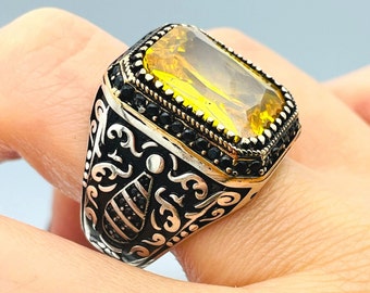 Mens Yellow Citrine Sterling Silver Ring: Handmade Ottoman Style Jewelry