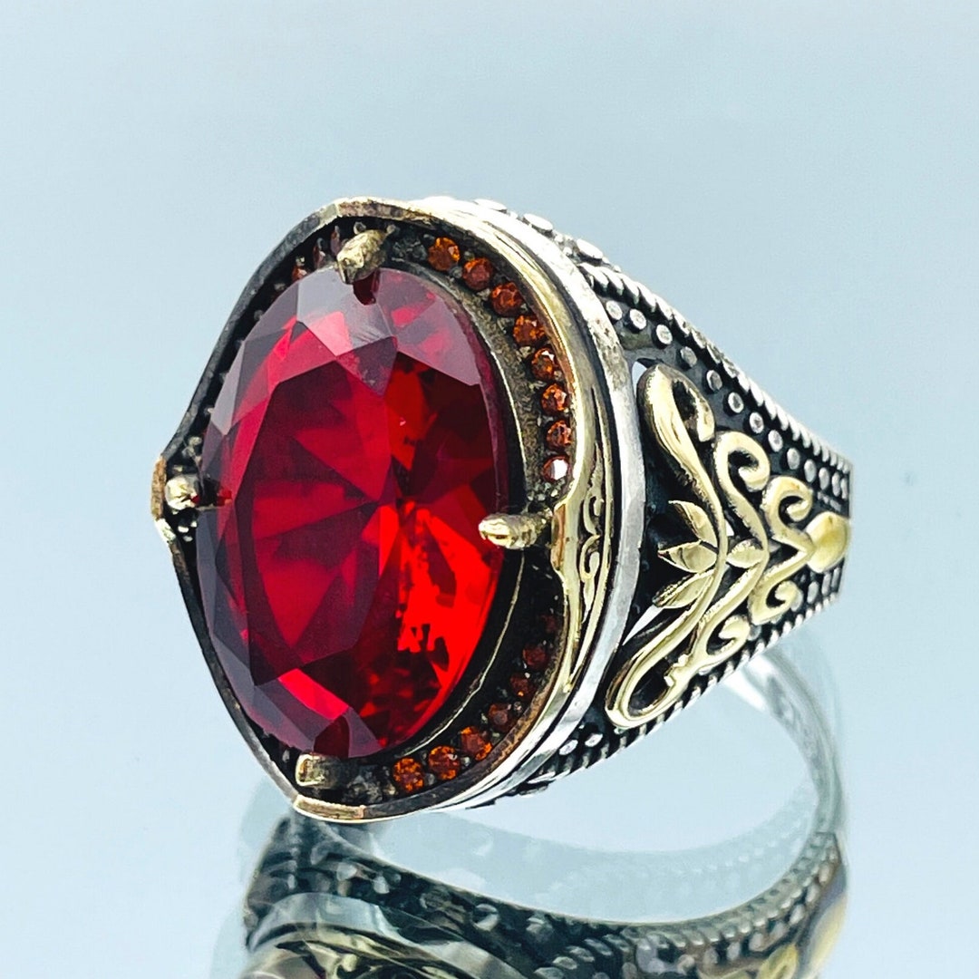Men's Ruby Ring: Handmade 925 Sterling Silver, Turkish Design - Main Image
