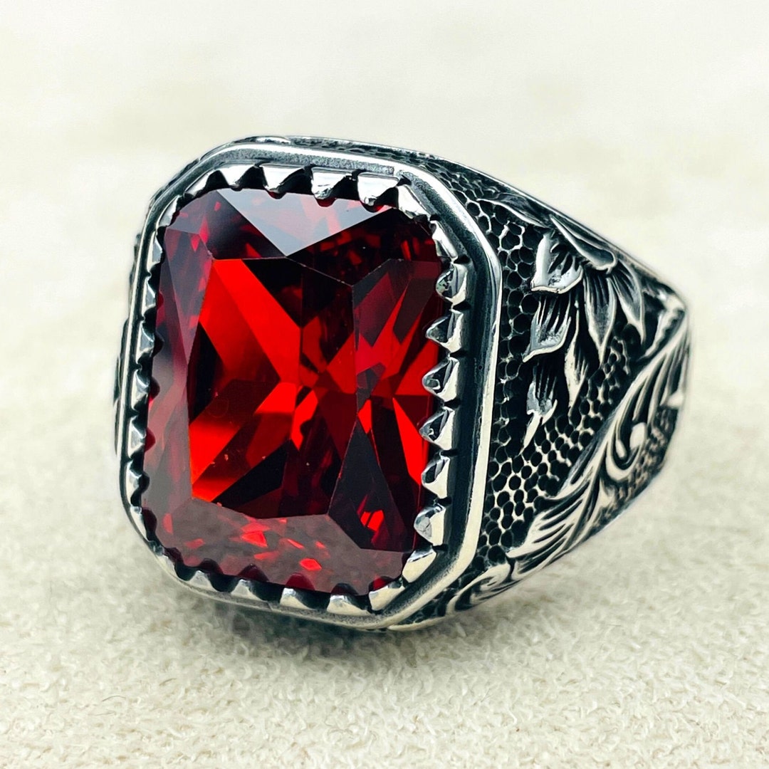 Ruby Ring Men, Red Ruby Square Gemstone Handmade Silver Ring, Leaf ...