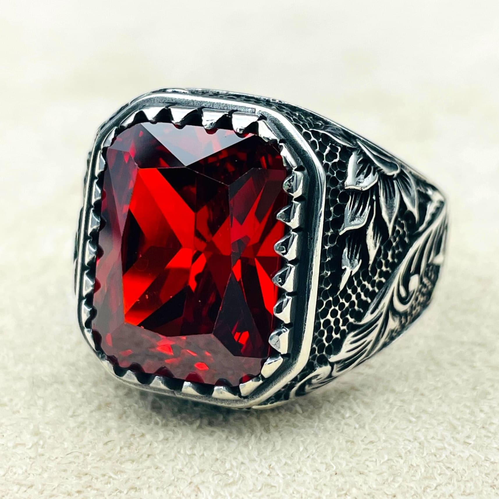 Ruby Ring Men Red Ruby Square Gemstone Handmade Silver Ring Leaf Detailed Elegant Ring 925 Sterling Silver Ring Gift for Him Etsy