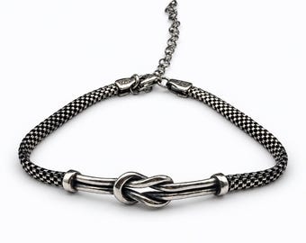 Unisex Love Knot Bracelet, 925 Sterling Silver, Oxidized Italian Mesh Chain Design
