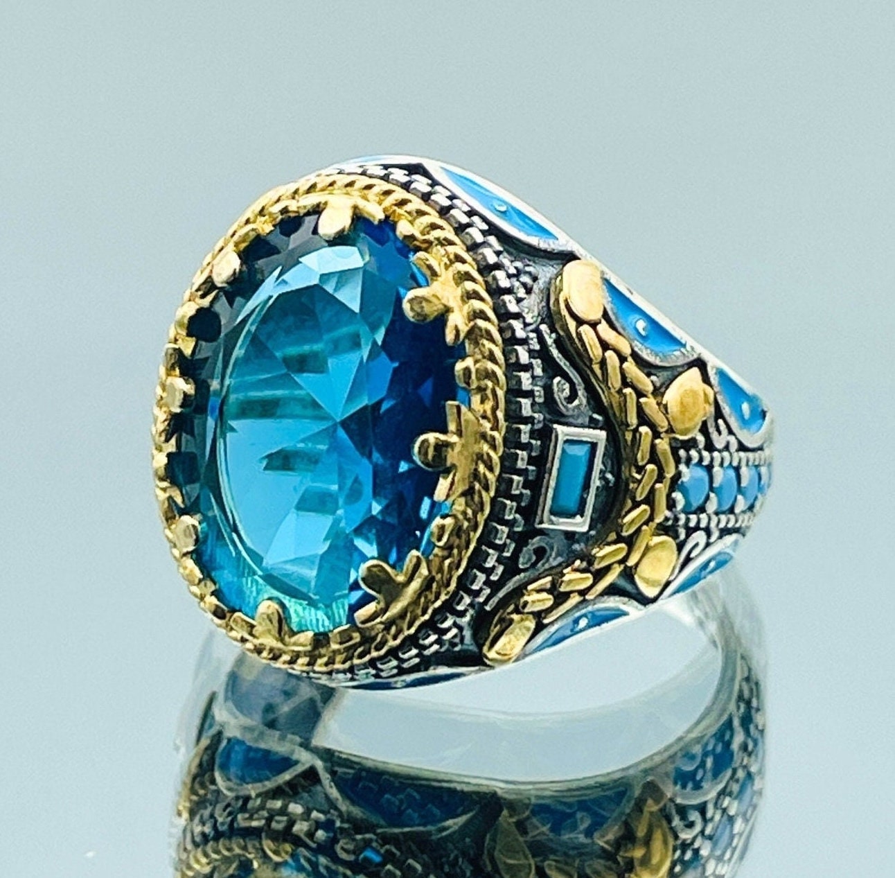 Men Aquamarine Ring, 925 Sterling Silver, Turkish Authentic Handmade Gift, Gift Him, Gift Birthday, Gift For Birthday, Gift Father Birthday