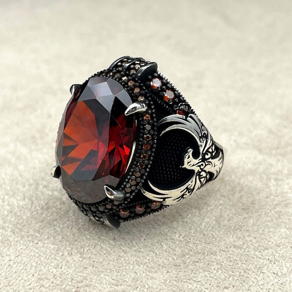 Ruby Red Stone Men Silver Ring, Handmade Ring, 925 Sterling Silver, Eagle Ring, Angry Eagle Ring, American Eagle Ring,Gift For Biker