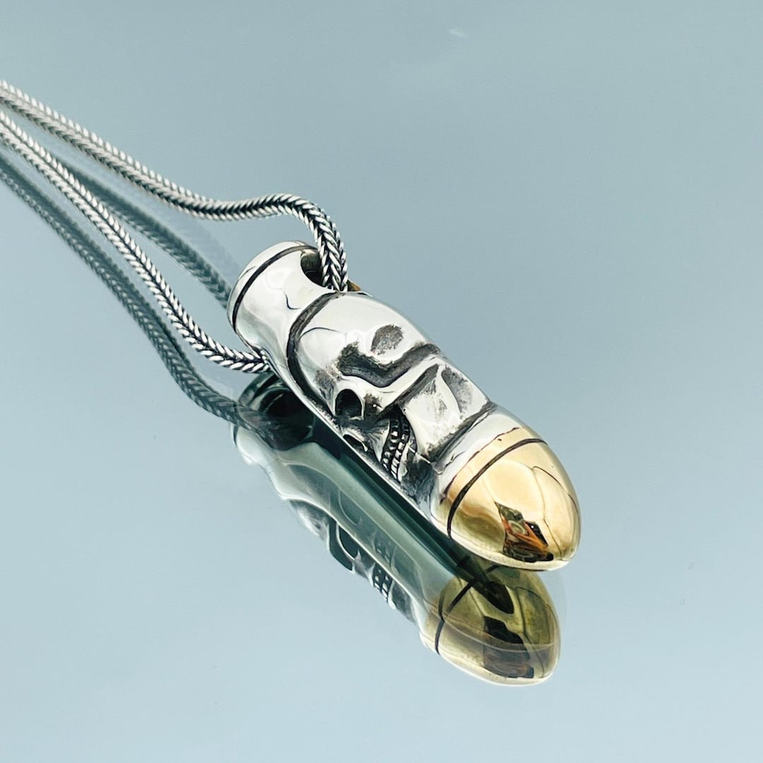 Skull Silver Pendant, Bullet Skull Silver Necklace, Mens and