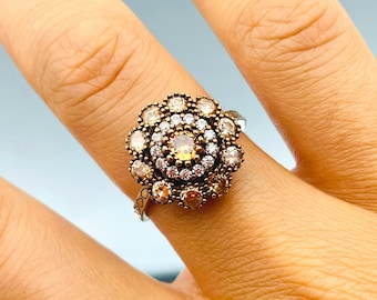 Handmade Citrine Flower Ring: Vintage 925 Silver Multi-Stone Ring