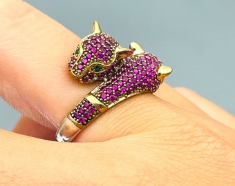 Pink Ruby Tiger Sterling Silver Ring: Animal Jewelry