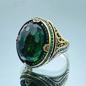 Men&#39;s Emerald Stone Silver Ring, Turkish Handmade Ring, 925k Sterling Silver Ring, Emerald Ring, Ottoman Men Ring, Men Jewelry, Gift for Him