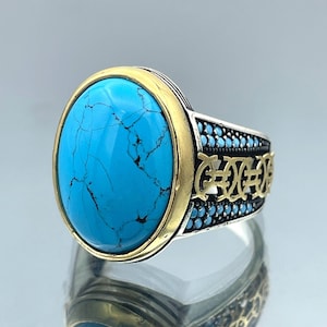 Men&#39;s Blue Turquoise Stone Ring, Turkish Handmade Ring, Oval Stone Ring, Mens Jewelry, Ottoman Style Ring, 925 Sterling Silver, Gifts Ring