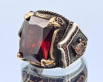 Men's Ruby Ring: Ottoman Engraved 925 Sterling Silver