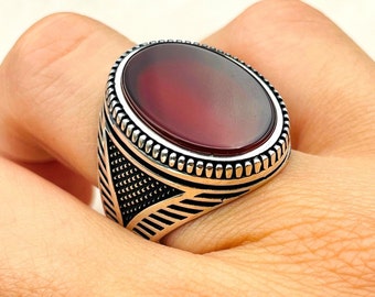 Mens Red Agate Stone Silver Ring, Yemeni Aqeeq Stone Ring, Ottoman Silver Ring, Turkish Handmade Silver Ring, 925k Solid Silver Ring, Unisex