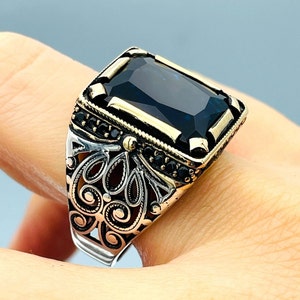 Men&#39;s Blue Sapphire Stone Ring, Turkish Handmade Ring, Squared Stone Ring, Mens Jewelry, Ottoman Style Ring, 925 Sterling Silver, Gifts Ring