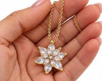 December White Zircon Necklace, Twelve-Petal Lotus in 14K Gold Plated 925 Sterling Silver