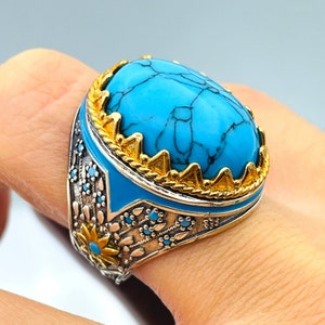 Turquoise Ring Men, Ottoman Style Ring, Turkish Handmade Ring, Oval Cut Blue Stone Ring, Mens Jewelry, 925 Sterling Silver, Christmas Gift