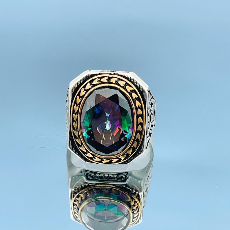 Red Ruby Oval Stone Men's Ring, Engraved Details 925 Silver Statement ...