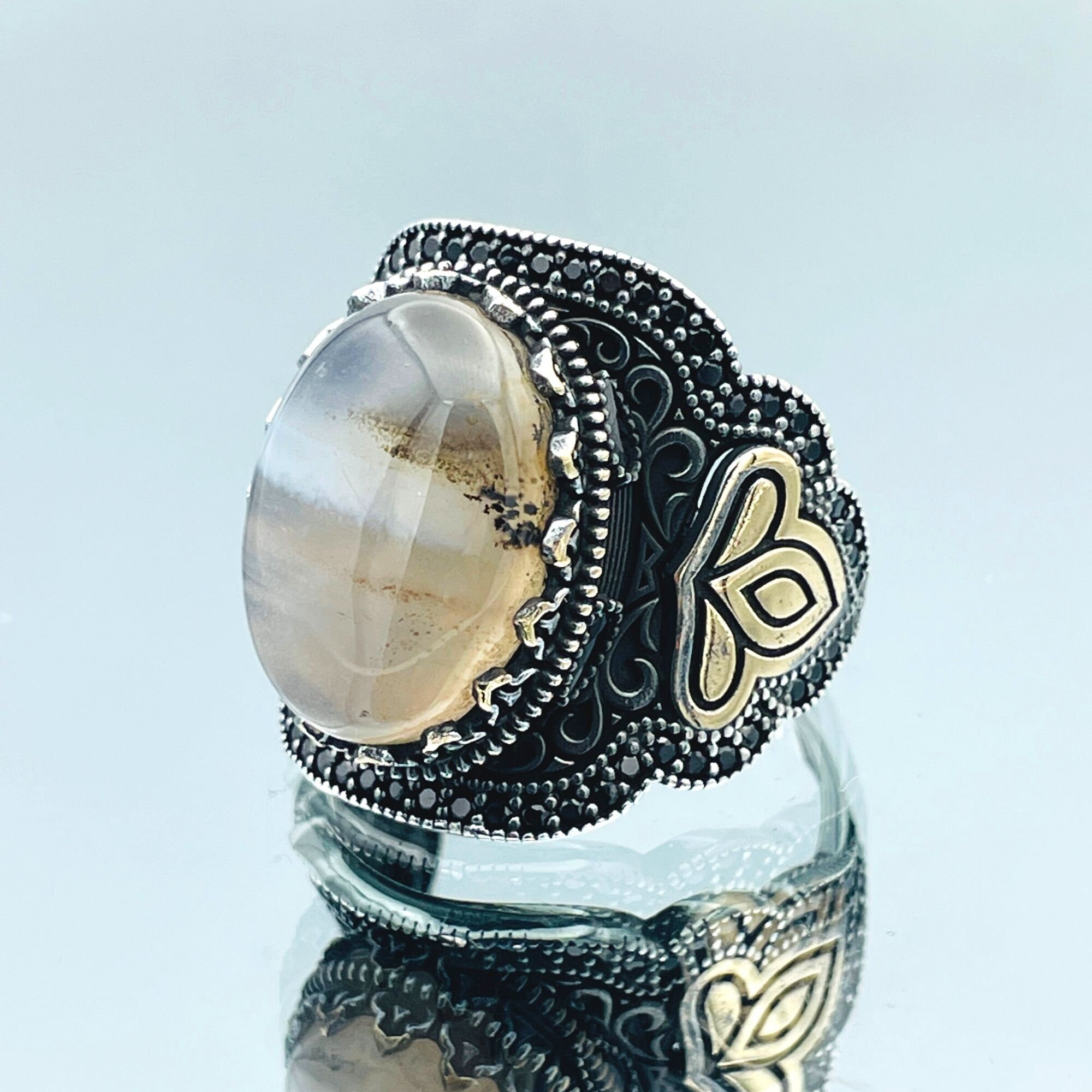 Anello Uomo In Argento Sterling 925 Con Agata Yemen - Stile Ottomano Intagliato A Mano - Foto 4