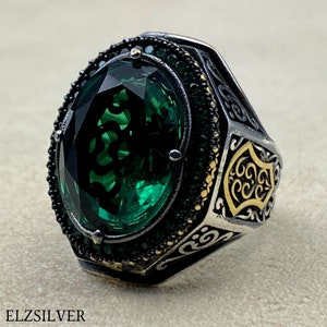 Men&#39;s Emerald Stone Silver Ring, Turkish Handmade Ring, 925k Sterling Silver Ring, Emerald Ring, Ottoman Men Ring, Men Jewelry, Gift for Him