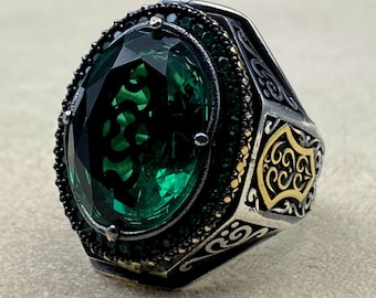 Emerald Stone Sterling Silver Ring: Turkish Handmade Ottoman Style Ring