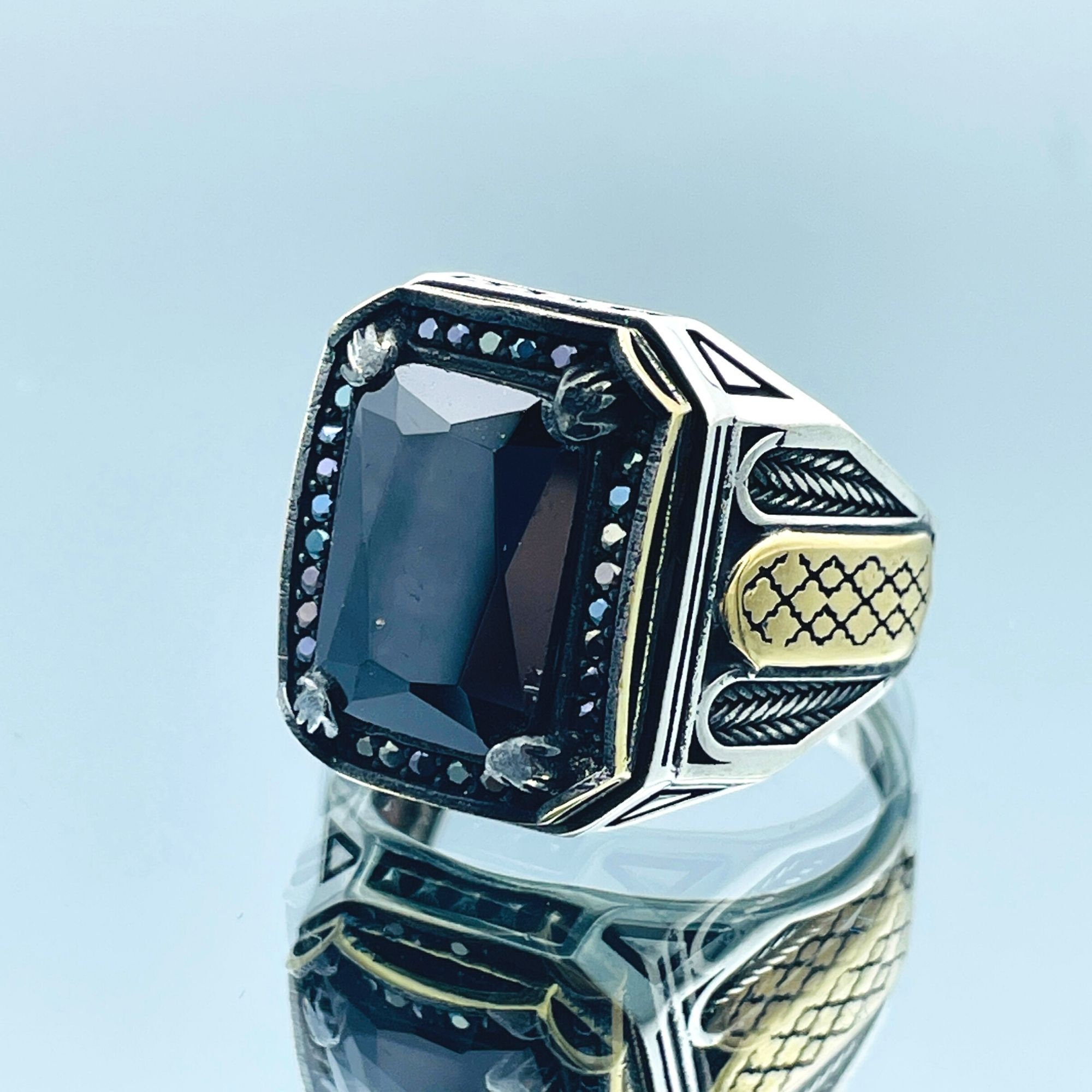 Black Onyx Squared Stone Mens Ring, Turkish Handmade Ring