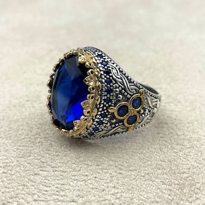 Sapphire Stone Men Silver Ring, Handmade Ring Jewelry, 925 Sterling Silver, Ottoman Style Ring, Blue Zircon Ring, Men Jewelry, Gift Hor Him