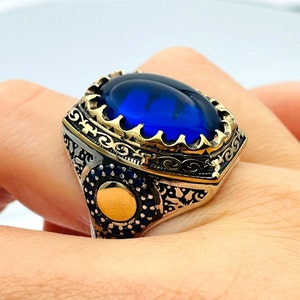 Mens Blue Sapphire Stone Silver Ring, Turkish Handmade Silver Ring, Oval Stone Ring, Blue Stone Ring, 925k Solid Silver Ring, Gift for Him