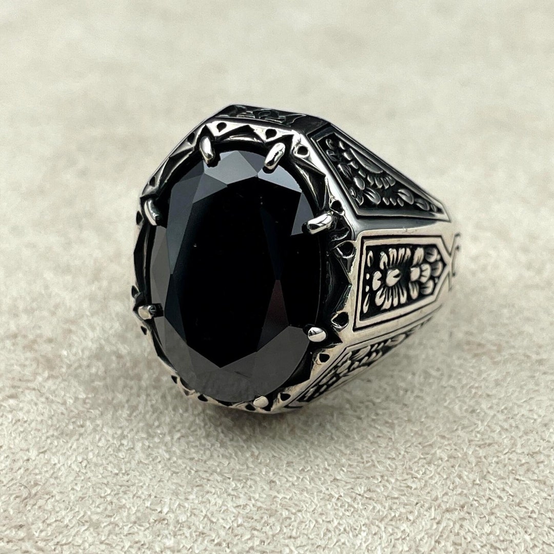 Black Onyx Stone Men's Ring, Oval Gemstone Ring, Handmade Silver Ring ...