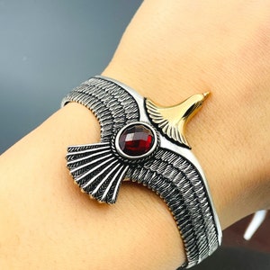925k Sterling Silver Eagle Bracelet, Cuff Men Bracelet, Red Ruby Stone Silver Bracelet, Adjustable Jewelry Bracelet, Handmade Eagle Bracelet