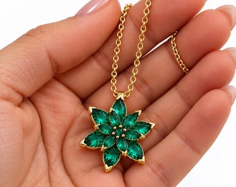 Green Emerald Twelve-Petal Lotus Necklace, May Birthstone, 14K Gold Plated 925 Sterling Silver