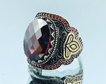 Handmade 925 Sterling Silver Mens Ring: Ottoman Red Zircon Stone