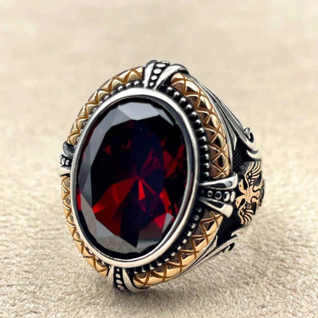 Men's Red Ruby Stone Silver Ring, Double Headed Eagle Ring, Turkish ...