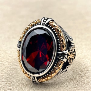 Men's Red Ruby Stone Silver Ring Double Headed Eagle - Etsy