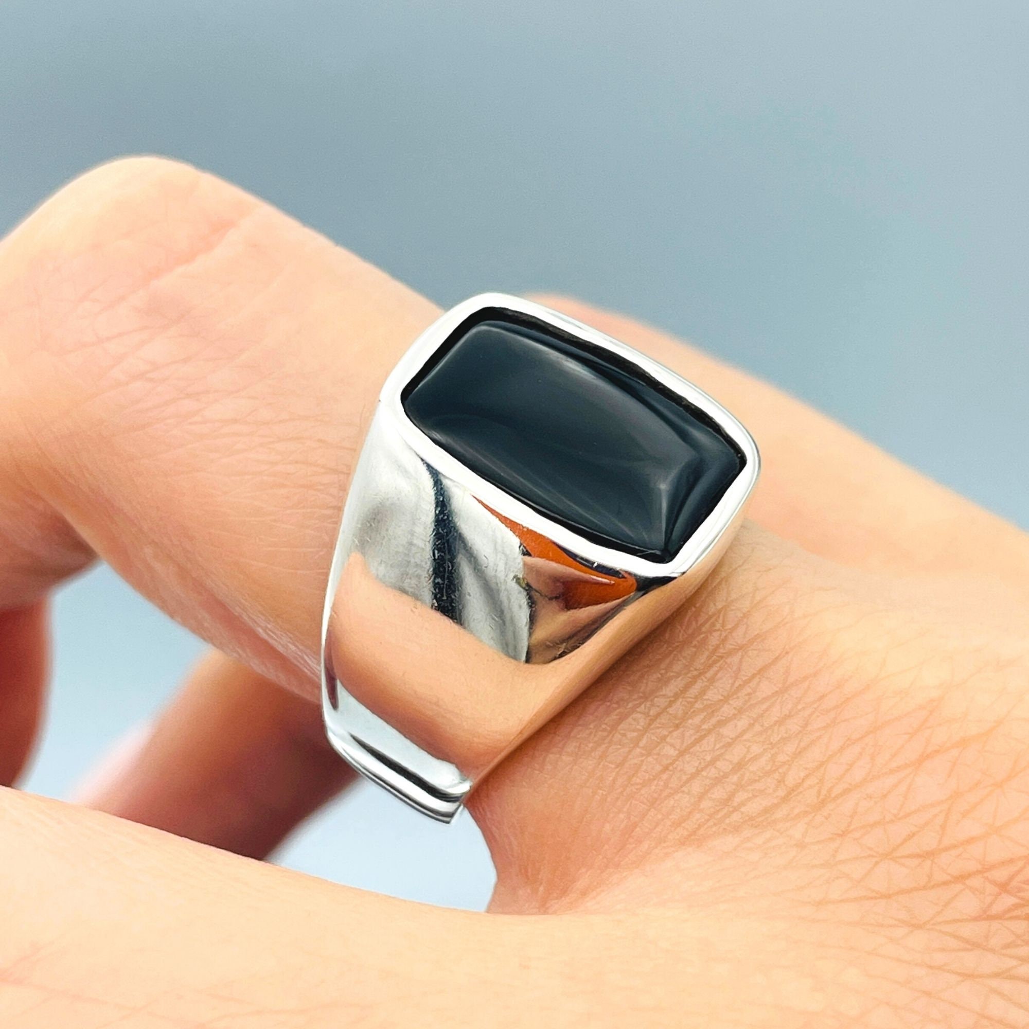 Handmade Sterling Silver Men's Ring: Black Onyx Rectangle Stone - Etsy