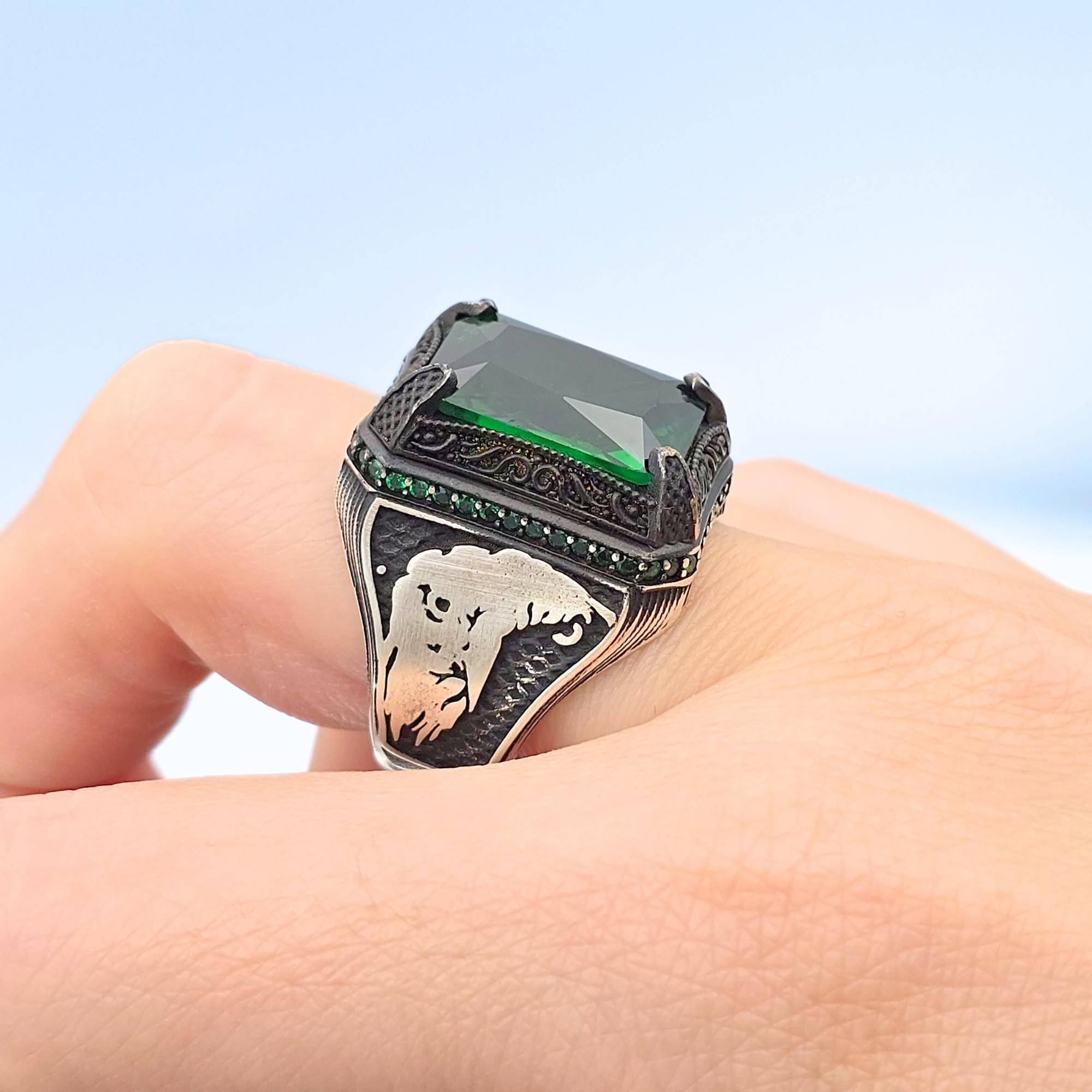 Genuine 14.95 Carat Emerald Gemstone Men's Ring - Handmade Sterling Silver, Leo Zodiac Ethnic Ring, Custom Sizable