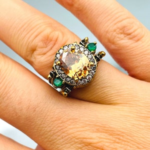 Zwei in einem Eins Ring, Wechselring, Ottomane Art Ovalschliff Champagner Citrin und Weiß Zirkon 2 Band Frauenring, Außergewöhnlicher Ring,