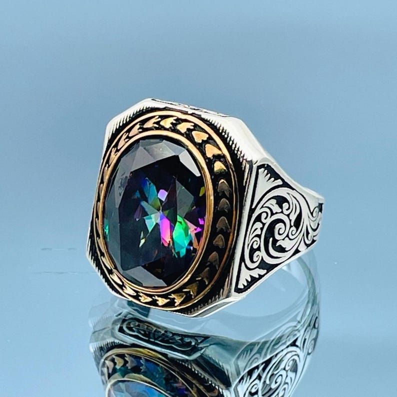 Red Ruby Oval Stone Men's Ring, Engraved Details 925 Silver Statement ...