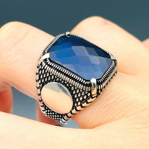 Zircon Ring Men, Blue Squared Stone Ring, Turkish Handmade Ring, 925k Sterling Silver Ring, Ottoman Stlye Ring, Mens Jewelry, Gift for Him